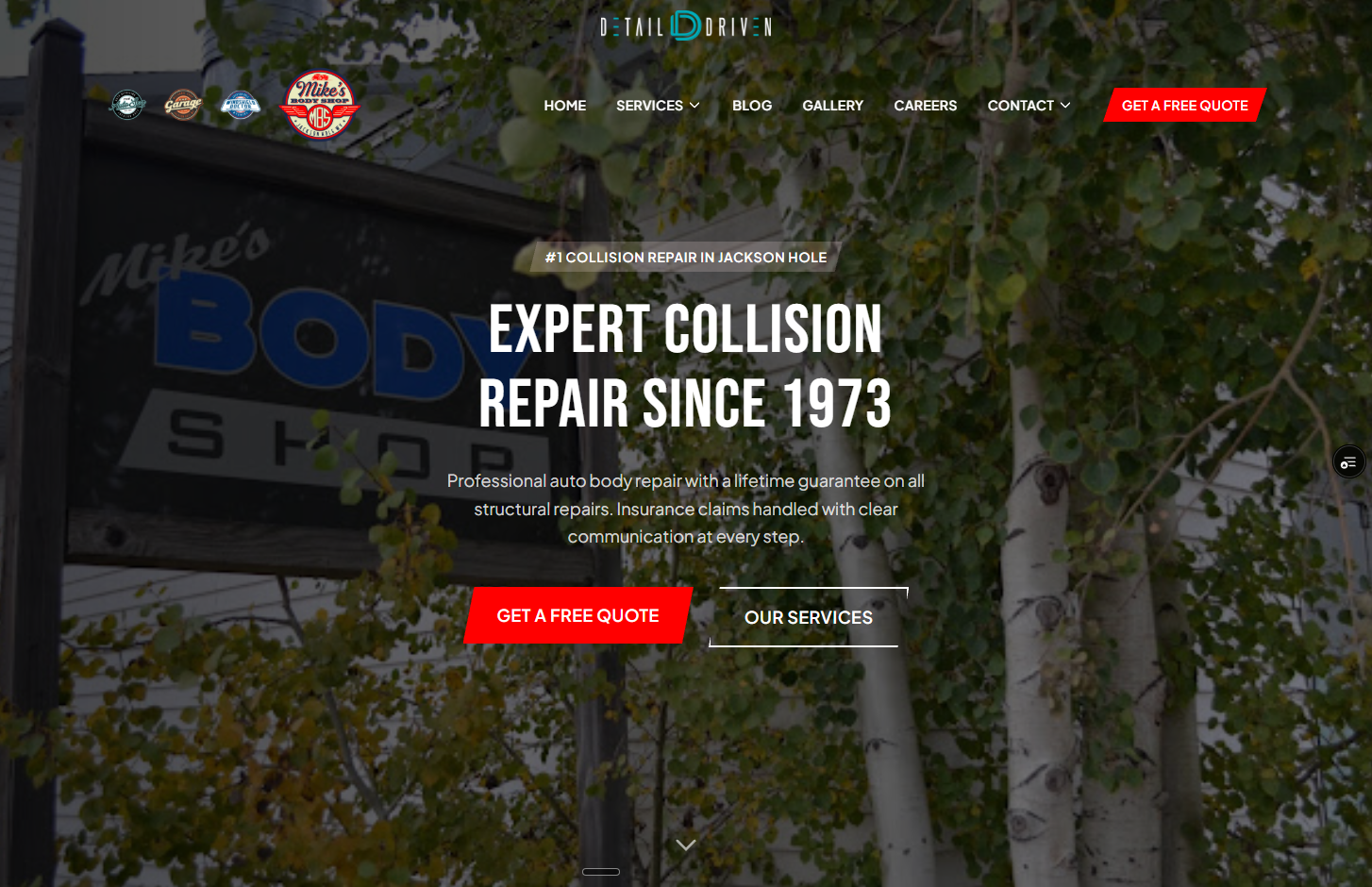 Mike’s Bodyshop website hero showing unified Detail Driven design system with crimson quote CTA