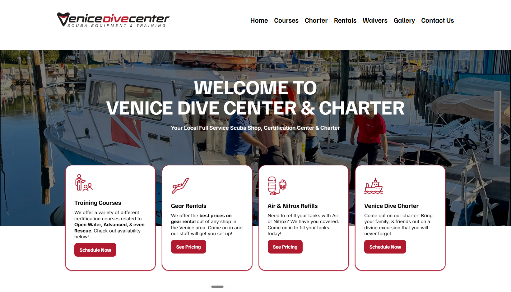 Venice Dive Center modern booking website screenshot