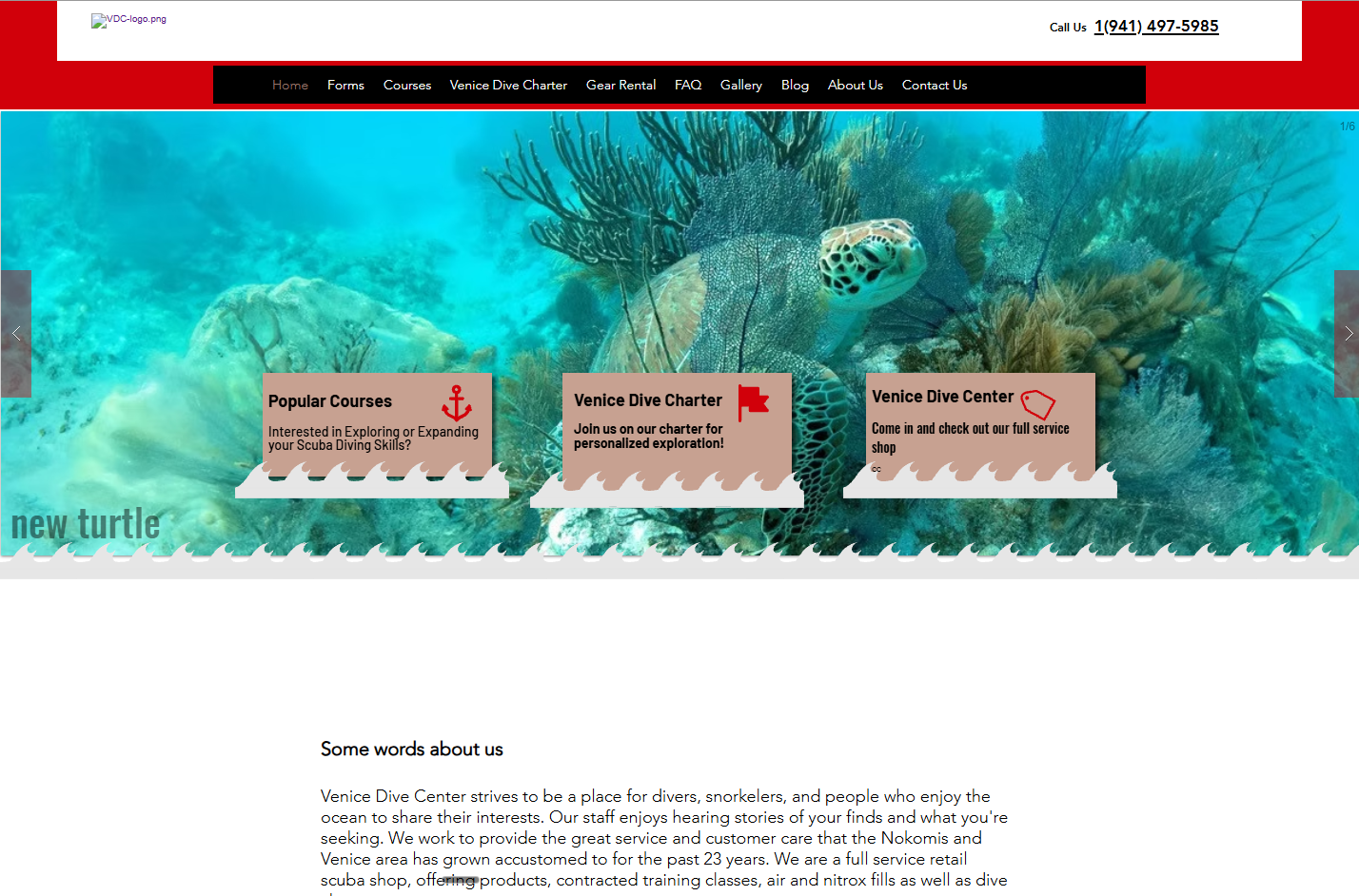 Old Venice Dive Center website with dated layout and high-friction navigation